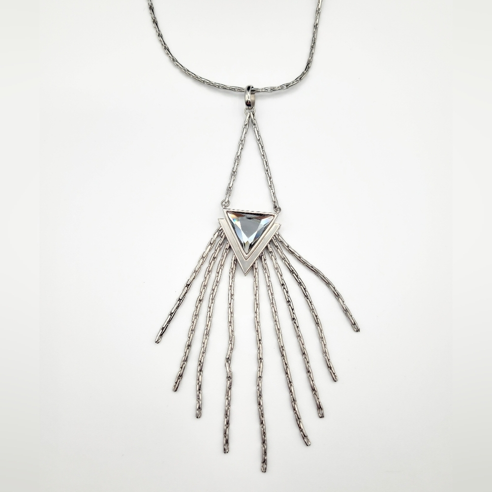 Tocara Silver Tone Fringe Necklace Geometric Crystal Statement Pendant